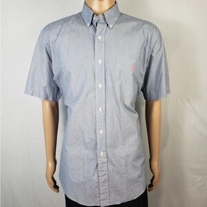 Vintage Ralph Lauren Mens Shirt L Large Blue Plaid Casual Short Sleeve